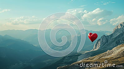 Red Heart Shaped Balloon Flying Over a Mountain Range Stock Photo