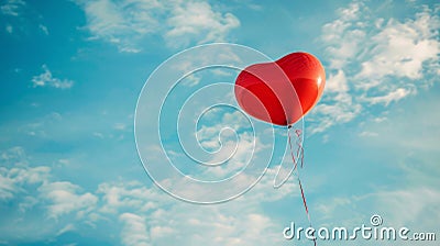 A red heart shaped balloon flying in the sky with a blue cloudy background, AI Stock Photo