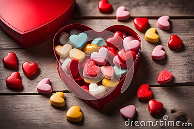 Red heart-shaped box with delicious multi-colored candies on a wooden table Stock Photo