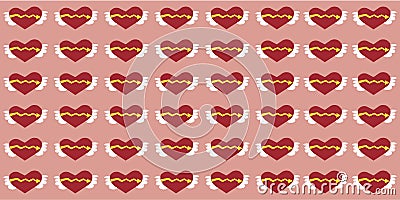 Red heart shaped pattern Arrow in the middle And with 2 angel wings on a pink background Vector Illustration
