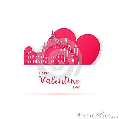Red heart and silhouette of Rome city paper stickers. Vector Illustration