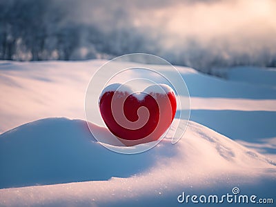 A red heart on the snow. The concept of lost love, betrayal, coldness of feelings. AI generation Stock Photo