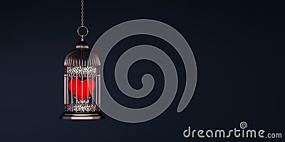 Red heart symbol trapped in a hanging bird cage, complicated love concept background Stock Photo