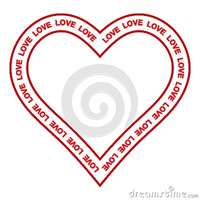 Red heart text word love, vector frame for lovers on a wedding heart with love on the contour Vector Illustration