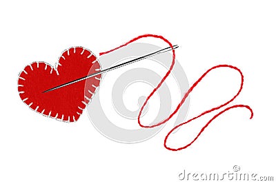 Red heart, thread and needle isolated on white Stock Photo