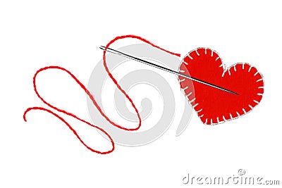 Red heart, thread and needle isolated on white Stock Photo