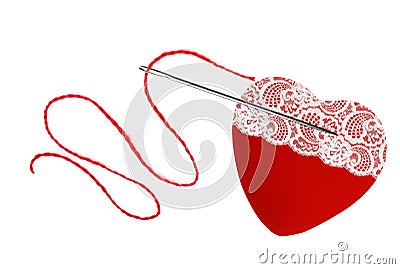 Red heart, thread and needle isolated on white Stock Photo