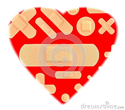 Red HEART with various Strips of ADHESIVE BANDAGES PLASTER Stock Photo