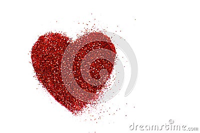 Red heart on a white background. Heart of glitter grains. glitter makeup Stock Photo