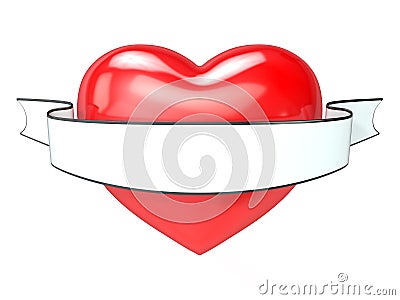 Red heart and white, blank ribbon. 3D tattoo Cartoon Illustration