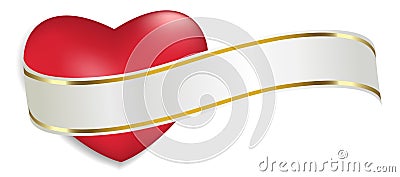 Red heart with white and Golden ribbon isolated on white background. Decoration for Valentine`s day and other holidays. Vector Vector Illustration