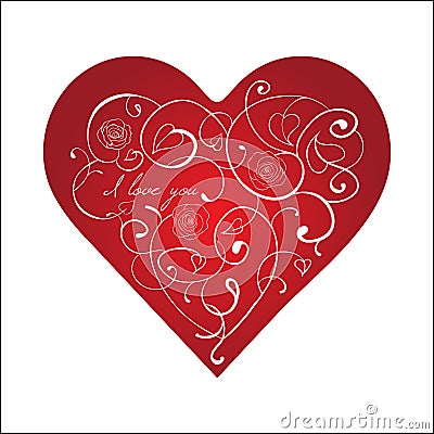 Red heart with white ornament with roses isolated Vector Illustration