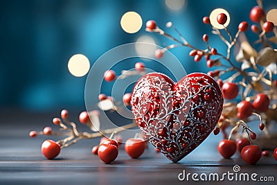 Red heart with white pattern on the background of bokeh effec. Generative AI Stock Photo