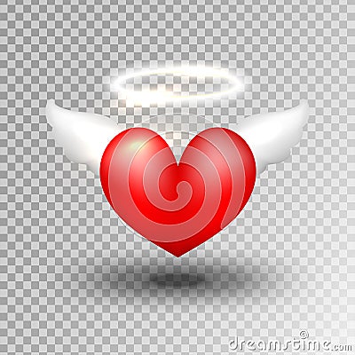 Red heart with wing and halo isolated on transparent background. Valentine's day element. Vector Illustration