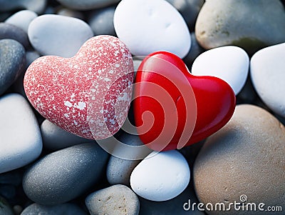 Red hearts on a background of gray stones Stock Photo