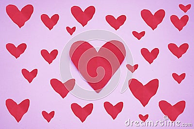 Red hearts background. Red hearts on pink purple backgrounds. Group of love shaped backgrounds. Red love symbol pattern Stock Photo