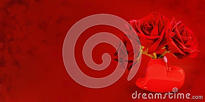 Red with hearts bokeh festive banner with bouquet of red roses in red heart shape vase with copy space for text for Stock Photo