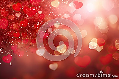 Red hearts bokeh lights on shimmering background. Valentines Day banner Stock Photo