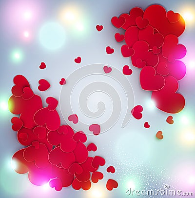 Red hearts on a bright, luminous background Vector Illustration