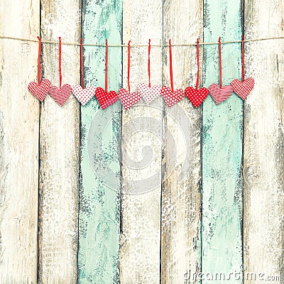 Red hearts decoration hanging Valentines day vintage style Stock Photo