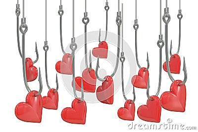 Red hearts on the fishing hooks, 3D rendering Stock Photo