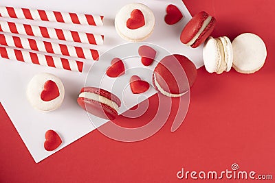 Red hearts with French red macaron Stock Photo