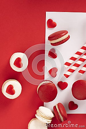 Red hearts with French red macaron Stock Photo