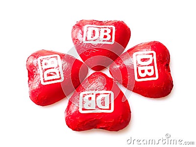 Red hearts of the German Federal Railway named Deutsche Bundesbahn DB made of chocolate Editorial Stock Photo