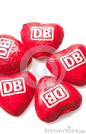 Red hearts of the German Federal Railway named Deutsche Bundesbahn DB made of chocolate Editorial Stock Photo