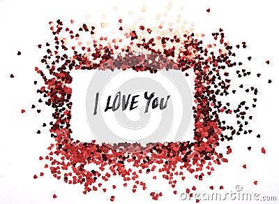 Red hearts glitter frame with white background, valentine, love, wedding, marriage concept. Stock Photo