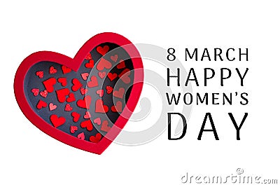 Red hearts and happy 8 march womens day lettering in a covered black box with a red cap Stock Photo