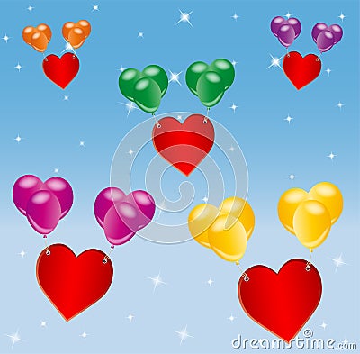 Red hearts lifted by colorful balloons Stock Photo