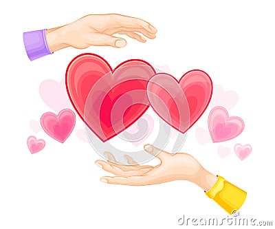 Red Hearts and Male and Female Outstretched Hand as Love and Affection Sign Vector Illustration Vector Illustration