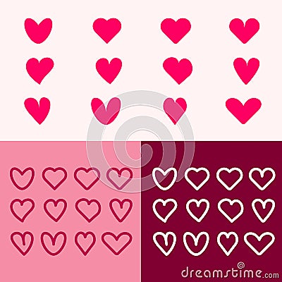 Red hearts outline icons. Cute red hearts for Valentine's day. Romantic red different hearts of shapes isolated on Vector Illustration