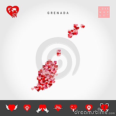 Red Hearts Pattern Vector Map of Grenada. Love Icon Set Vector Illustration