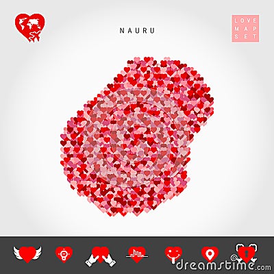 Red Hearts Pattern Vector Map of Nauru. Love Icon Set Vector Illustration