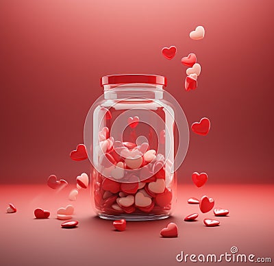 red hearts pouring from a clear jar on red background Stock Photo