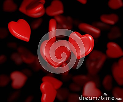 Red hearts scattered on the black background for valentine's day 3d rendered Stock Photo