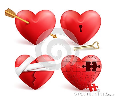 Red hearts vector 3d realistic set with arrows, key holes, puzzle and bandages Vector Illustration