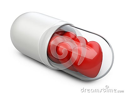 Red hearts in the white pill. Stock Photo