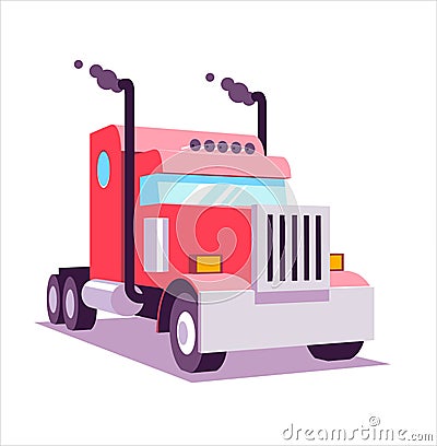 Red heavy american truck. 3D lowpoly vector illustration, flat cartoon Vector Illustration