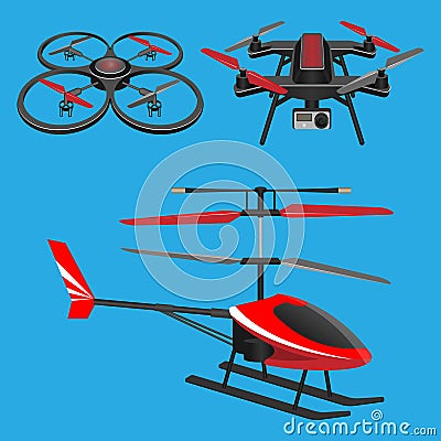 Red helicopter, dark quadrocopters with and without video camera toys Vector Illustration