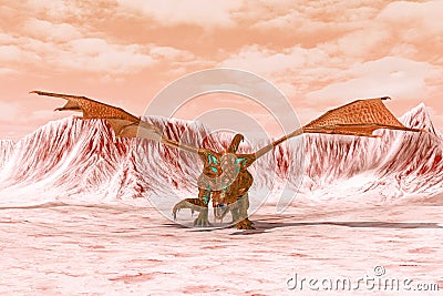 Red hell dragon walking on hot land Cartoon Illustration