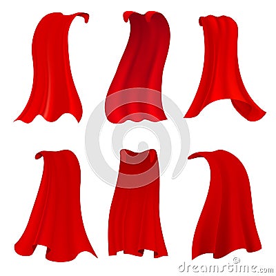 Red hero cape. Realistic fabric scarlet cloak or magic vampire cover. Vector set isolated on transparent background Vector Illustration