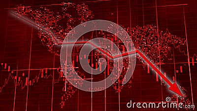 Stock diagrams with falling arrow. World map behind digits, line and tables. Data wallpaper. 3D rendering Stock Photo