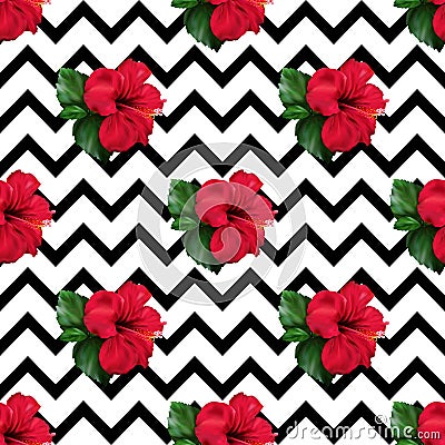 Red hibiscus karkade tropical exotic flower plant geometric seamless pattern background Stock Photo