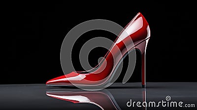 A red high heel shoe on a shiny surface with reflection, AI Stock Photo