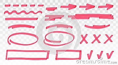Red highlighter set - lines, arrows, crosses, check, oval, rectangle isolated on transparent background. Marker pen Vector Illustration