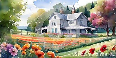 red hill style, countryside, watercolor illustration Cartoon Illustration