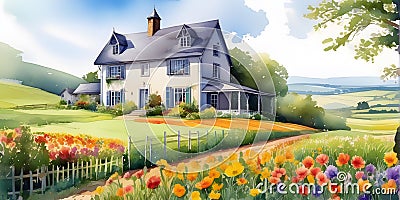 red hill style, countryside, watercolor illustration Cartoon Illustration